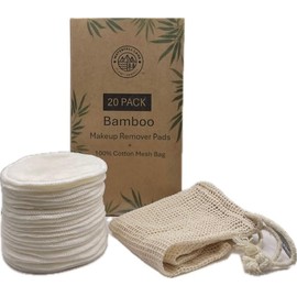 Reusable Bamboo Makeup Remover Pads, Double-Sided, Eco-Friendly Rounds for All Skin Types, Includes Cotton Mesh Bag, 20 Count.