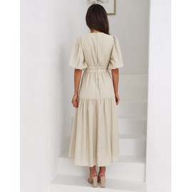 Lucrosun Women's Summer V Neck Short Puff Sleeve A Line Tiered Midi Dress (Apricot-XL)