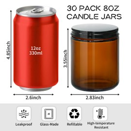 KEYWING 8 oz Candle Jars with Airtight Lids, 30 Packs Amber Glass Jars with Black Metal Lids, Round Candle Containers, Empty Jars for Making Candles, Powder, Liquid, Cream