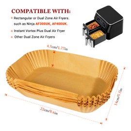 Air Fryer Liners 8.6 Inch (22cm) Rectangular Disposable Paper Liners 100PCS for Ninja AF300UK AF400UK, Tower T17088, Salter, Instant – Oilproof Non-Stick Dual Basket Accessories