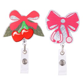 Lyreh 2pcs Bow Badge Holder, Pink Bow Cherry Badge Holder Retractable Clip Cute ID Name Stethoscope Reels Appreciation Gift for Worker Employee Doctor Teacher