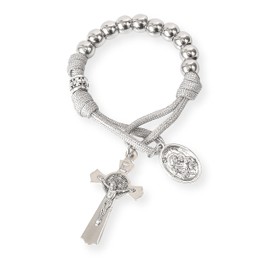 Nazareth Store Strong Military One Decade Paracord Rosary Silver Beads Pocket Car Rosary Pray For Us St. Joseph Medal & St. Benedict Cross (Grey Paracord Rosary)