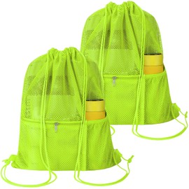 NATURAL STYLE 2 PACK Mesh Drawstring Backpack Bag, Multifunction Mesh Bag for Swimming, Athletic Gym, Clothes, Beach, Swim (Green)
