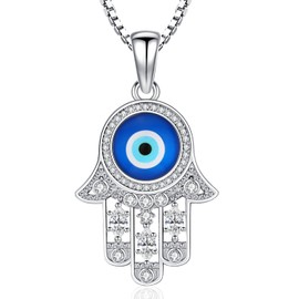 Aniu Hand of Fatima Necklace Evil Eye Necklace Blue Turkish Glass Pendant for Women Sterling Silver Hamsa Jewelry