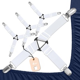 4 PCS Nonslip Bed Sheet Straps,Adjustable Sheet Holder Straps Bed Sheet Fasteners Fitted Sheet Clips,Extra Strong Elastic Fasteners with Iron Clips-Easy Install on Mattress Covers & Bed Sheets. White