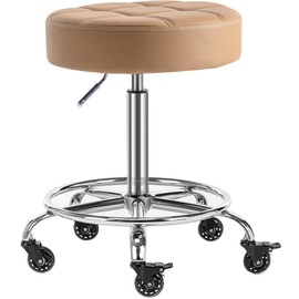 CoVibrant Lockable Rolling Stool with Noiseless Rubber Wheels & Footrest - Adjustable Swivel Stool Chair for Kitchen, Medical, Workshop, Salon, Tattoo, Office (Camel, 20"-27")
