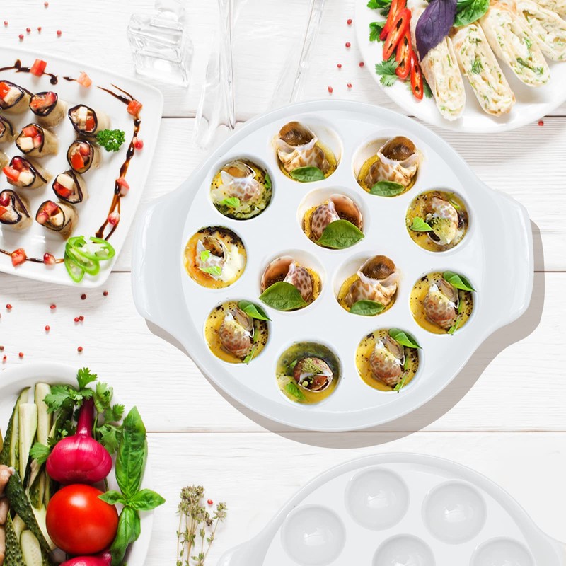 Vkinman 2pcs Ceramic Escargot Dish with 12 holes 9.2 Inch