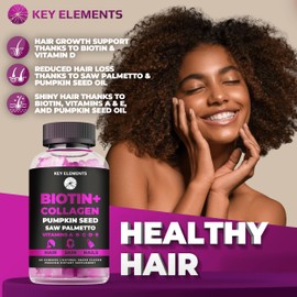 KEY ELEMENTS Hair Skin and Nails 10000mcg Biotin Gummies & Collagen Gummies - Biotin Vitamins Gummies for Hair Growth Pumpkin Seed Oil, Saw Palmetto Extract & Vitamins A B6 C D E - Biotin and Collagen Supplements