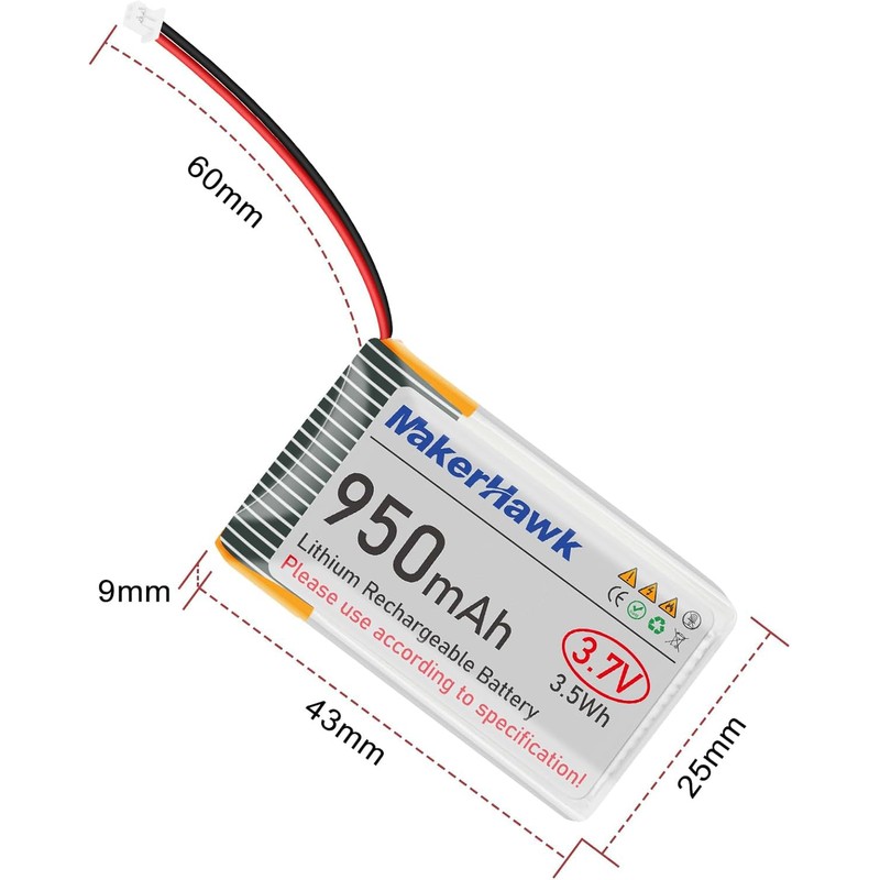 MakerHawk 3.7V 950mAh LiPo Battery Rechargeable 1S 3C Lithium Polymer