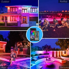 100Ft Outdoor LED Strip Lights Waterproof,Music Sync RGB IP68 Outside Led Light Strips Waterproofs with App and Remote,Exterior Led Rope Lights Waterproof for Deck,Balcony,Roof,Garden,Pool