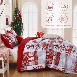 Christmas Quilt Set King Size 3 Pieces,Santa Claus Reindeer Bedspread Reversible Patchwork Coverlet Set,Soft Polyester Quilt with 2 Standard Shams for All Season