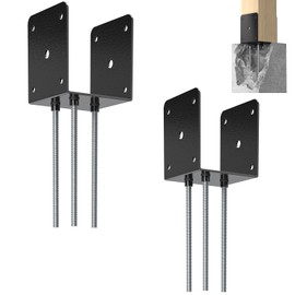 FMhotu 4x4 Concrete Post Anchor (2PCS), U Shape Fence Post Holder, Pergola Bracket Deck Post Base Holder Ground Spike for Concrete, Decking Post Brackets with 3 Anchor Rods，Black