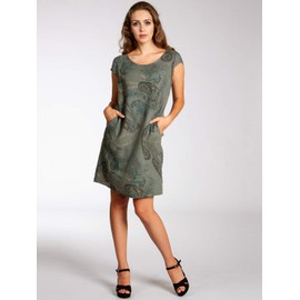 Caspar SKL022 Women's Summer Linen Dress with Paisley Print up to UK Size 22 (EU 50) - Olive green
