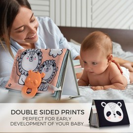 ZICOTO Soft Tummy Time Book with Large Stimulating Baby Safe Mirror - Fun High Contrast Montessori Toy w/ Mirror, Crinkle Paper & Silicone Teether The Perfect, (zic-ttbook2_23-050)