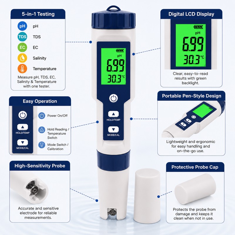 5-in-1 Digital Water Tester for Pools & Aquariums – pH,