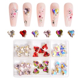 MEILINDS 30pcs 3D Heart Nail Charms Crystal AB Rhinestones Luxury Nail Diamonds with Gold Bead Pearls Heart Shape Big Rhinestones for Nails for DIY Nail Art Decoration(6 Colors)