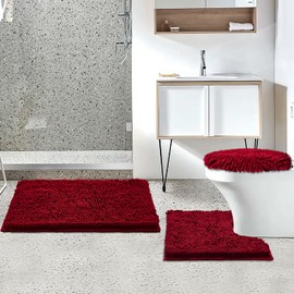 BOANKODU Bathroom Rugs Sets 3 Piece Ultra Soft Chenille Bath Mat, Non-Slip and Super Absorbent Bathroom Rug, Strong PVC Underside, Machine Washable Bath Mat for Toilet, Burgundy