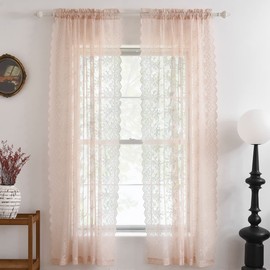 Kotile Blush Lace Curtains 84 Inches Long, Embroidery Country Rustic Floral Sheer Lace Curtains for Girls Room, Rod Pocket Privacy Window Lace Sheer Curtains, 52 x 84 in, 2 Panels, Blush Pink