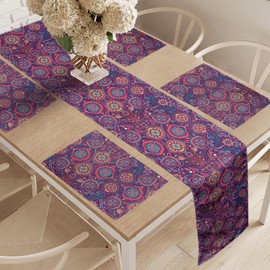 Lunarable Batik Table Runner & Placemats, Eastern Droplet-Shaped Paisley Inspired Traditional Forms Vivid Colors Image, Set for Dining Table Decor, Placemat 4 pcs + Runner 16"x72", Pink Purple