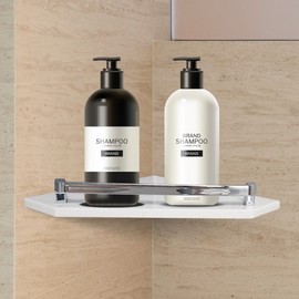 HLBATH Artificial Marble White Bathroom Corner Shelf Pentagon with Guide Bar HL-IM0014