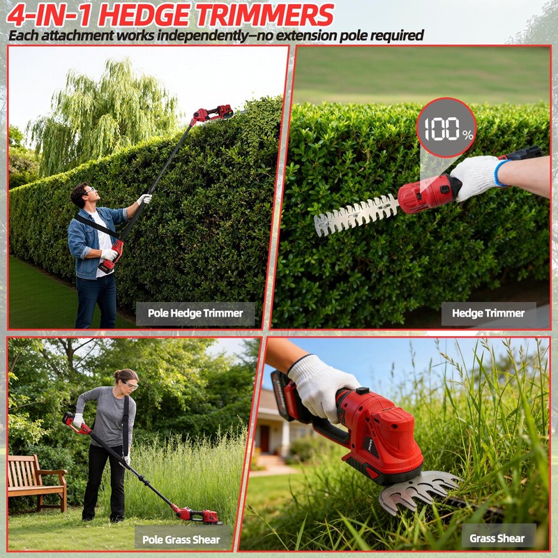 4-in-1 Electric Pole Hedge Trimmer, Cordless Bush Trimmer & Grass