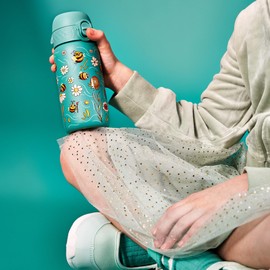 ION8 Insulated Steel Water Bottle, 320 ml/11 oz, Leak Proof, Easy to Open, Secure Lock, Dishwasher Safe, Carry Handle, Flip Cover, Metal Water Bottle, Raised Print, Stainless Steel, Bees Design