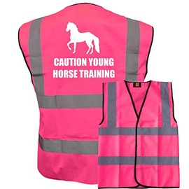 Bright Pink High Visibility Vest with White Text CAUTION YOUNG HORSE TRAINING WITH IMAGE - HORSE RIDING By Brook Hi Vis Small