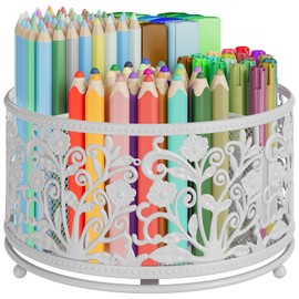 EKNITEY Rotating Mesh Desk Organizer - 4 Slots Cute Pen Pencil Holder Caddy for Office Art Supplies Home School Classroom White