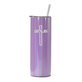 20 oz Skinny Tall Tumbler Stainless Steel Vacuum Insulated Travel Mug Cup With Straw Jesus Cross (Purple Iridescent Glitter)