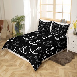 Anchor Duvet Cover Queen Size Black and White Comforter Cover with 2 Pillowcase for Teens Adults Kids Nautical Theme Bedding Set Anchor and Polka Dots Breathable 3 Pieces Decorative Bed Cover