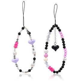 2 PCS Reownest Y2K Rose Red Bear Phone Charm Keychains, Bear Beaded Design, Sweet Edgy Style for Women Girls, Multi-Purpose Cellphone Accessory - Black