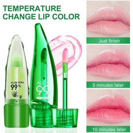 Boloshine Aloe Vera Lippenpflege, Temperatur-Farbwechsel Lippenöl Lipgloss Set, Langanhaltender Natürlich Moisturizing Lippenpflegestift, Lip Oil Set Mädchen Pflegende Lippen(Lip Balm + Lip Oil)