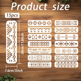ORIGACH Aztec Stencils for Painting on Wood Wall, 15 Pcs Geometric Stencils for Painting on Canvas Furniture, 30 x 7.6 cm