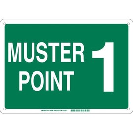 Brady 139664 Aluminum "Muster Point 1" Sign, Text, 10" H x 14" W, White on Green