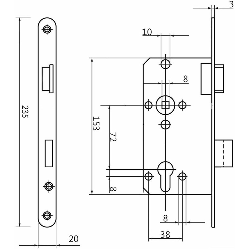 Door Lock PZ Lock Class 2 Backset 55mm Gutter 20mm