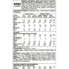 McCall's 9494 Sewing Pattern Womens Mens Adult Raggedy Ann Andy Costumes Bust / Chest 36 - 38