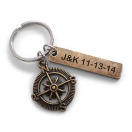Custom Bronze Compass Keychain with Engraved Tag for Couples or Best Friends, Anniversary Gift Keychain