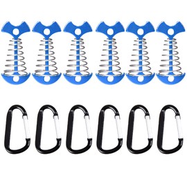 Azarxis Fishbone Deck Anchor Pegs, 6 Pack Deck Plank Board Tent Stakes with Carabiners Clip Deck Tie Down Aluminium Alloy Camping Peg for Outdoor Hiking Picnic (77mm Blue Nail + Spring + Carabiner)