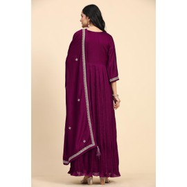 TRENDMALLS Women's Vichitra Silk Embroidery Salwar Suit Set Anarkali Kurta Set with Dupatta (G187-Purple-XL)