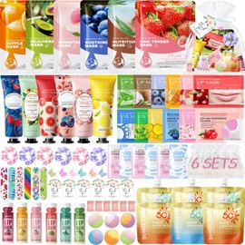 84 PCS Spa Party Supplies for Girls Women, Include Facial Mask,Hand Creams,Sunscreen,Exfoliating Scrub,Lip Balms,Eye Mask,Lip Mask,Foot Bath Bombs, Sleepover Party Favors Bulk Gifts for Girls Women