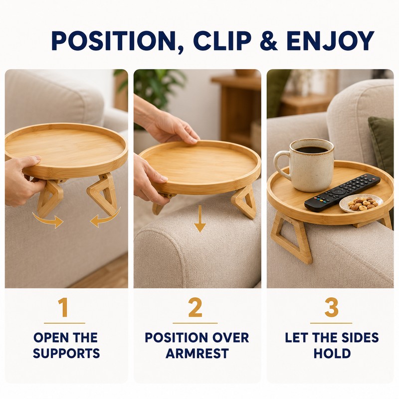 Bamboo Sofa Armrest Tray Table, Clip-On Round Couch Tray for