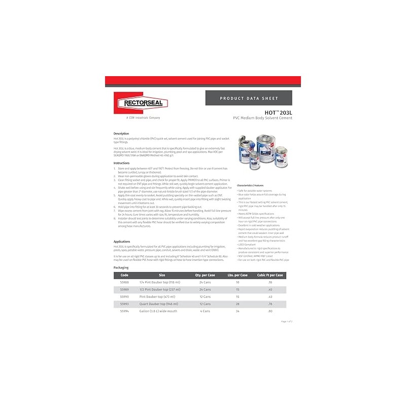 RectorSeal HOT 203L 55993 Quick Set Medium Solvent Cement, Easy