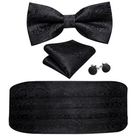 Barry.Wang Cummerbund Bow Tie Set for Men, Silk Cummerbund Pretied Bow Tie Pocket Square Cufflinks