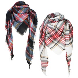 VIVIAN & VINCENT 2 Pack of Triangle Fall Winter Soft Plaid Scarfs for Women Scarf Warm Shawls and Wrpas Christmas Black and White Tartan