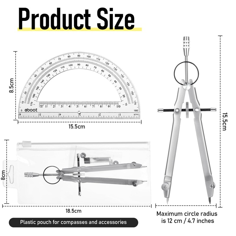 EBOOT Student Geometry Math Set, Metal Drawing Compass and 6