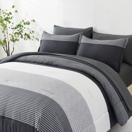 7 Pieces Bed in a Bag Black Grey Queen Size Comforter Set, Lightweight Striped Microfiber Bedding Comforter Sets for Queen Bed (1 Comforter, 2 Pillowcase, 2 Pillow Shams,1 Flat Sheet, 1 Fitted Sheet)