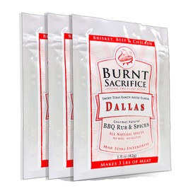 Burnt Sacrifice Dallas Style Spicy Gourmet BBQ Spice Dry Rub Seasonings- (3 X 1.5 OZ Packets) Brisket Roasts Tri tip Chicken Wings Lamb. Mildly Spicy, Full Flavo