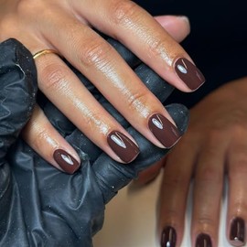 48 piezas de uñas postizas cortas a presión para otoño, uñas acrílicas de color marrón oscuro, juego de uñas postizas cortas de color sólido, uñas de 