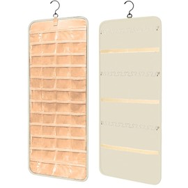Hanging Jewellery Organiser, Foldable Double-Sided Jewellery Stand, Jewellery Organiser for Hanging Earrings, Hanging Storage for Women and Girls, with 48 Pockets and Hooks (Beige)