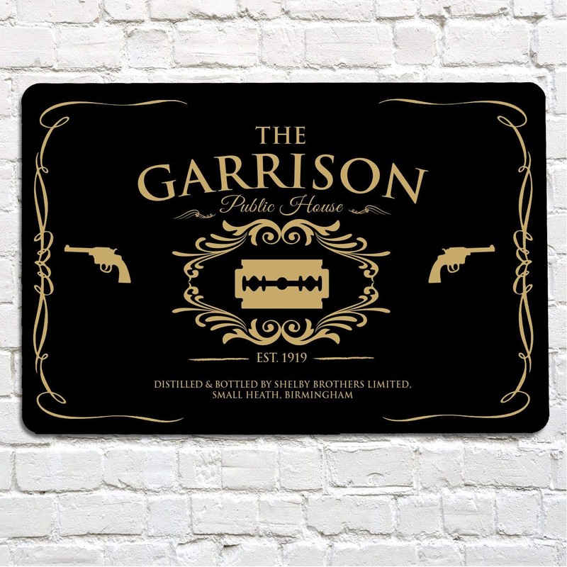 The Garrison, gold black pub A4 metal sign